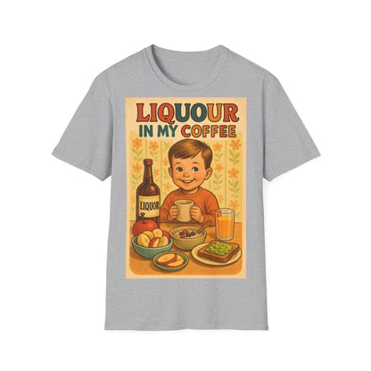 True Insights T-Shirt mit Spruch Liquor in my Coffee in Sport Grau, satirisches Retro Typografie Design