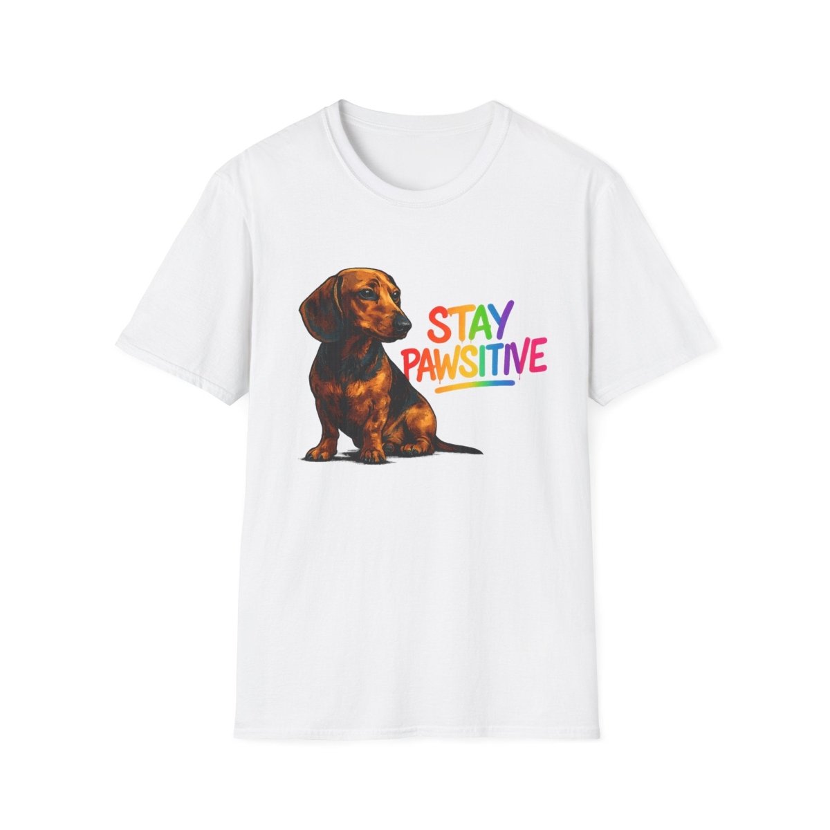 Weißes T-Shirt mit braunem Dackel und Schriftzug Stay-Pawsitive in Regenbogenfarben im Pop-Art-Stil für Hundefreunde.