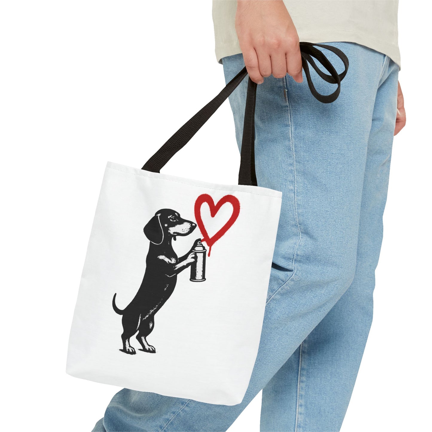 Banksy inspirierter Dackel Tote Bag Polyester – Street-Art Herz Sprühdose Beutel für Sport, Uni & Einkauf