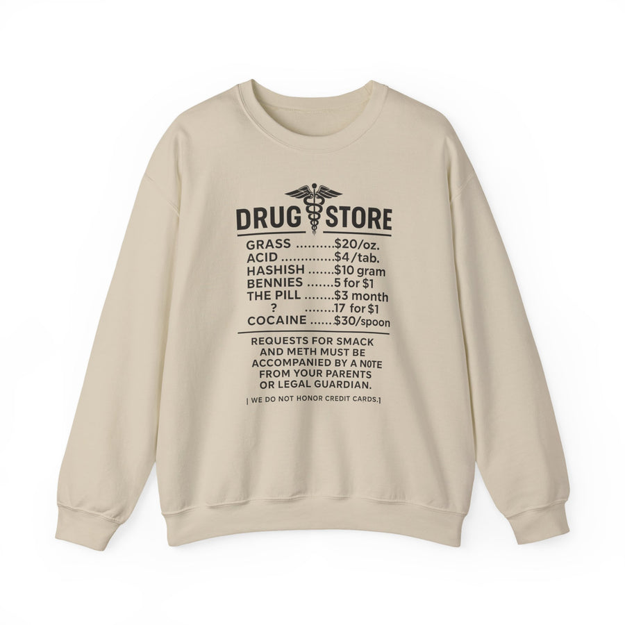 Vintage Pullover „Drug Store“ – Sweatshirt, die Preisliste der etwas anderen Apotheke – Sand – Vorderseite