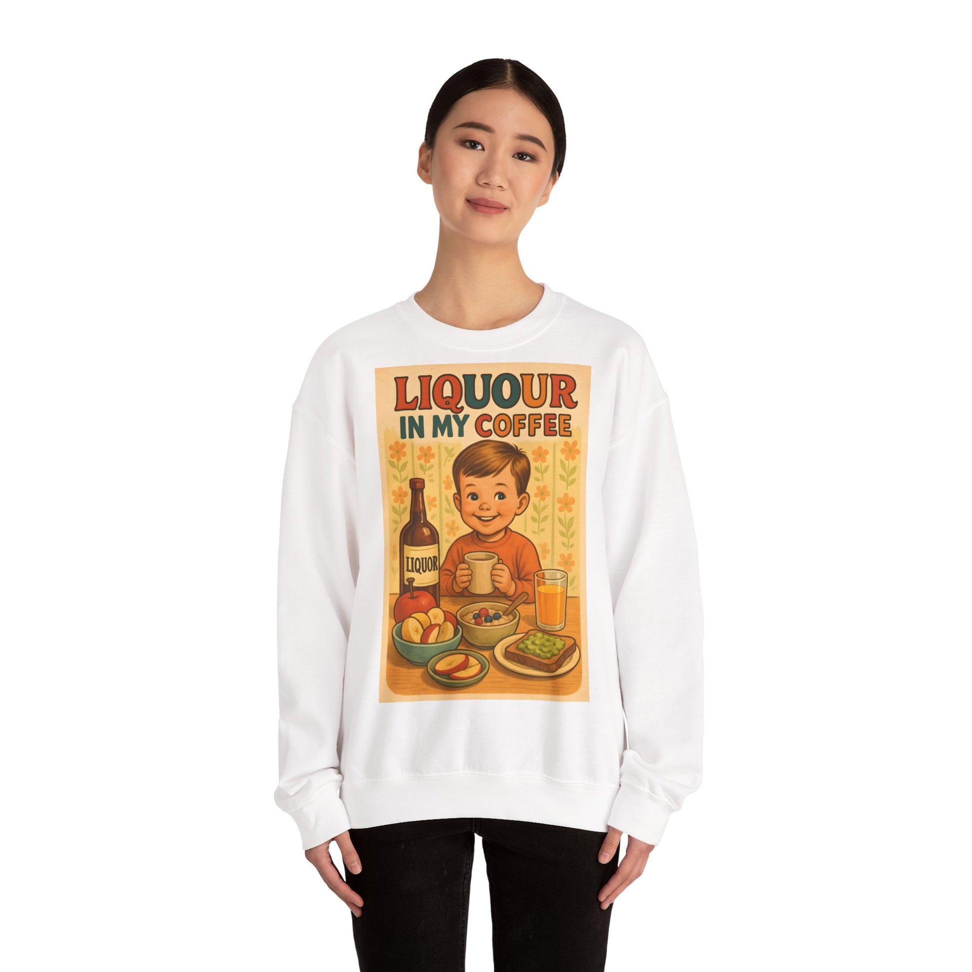 Sweatshirt – Liquor In My Coffee Sweatshirt | Retro Frühstücks-Pullover mit Satire-Motiv | Geschenk für Kaffee-Fans mit Humor | True Insights Design mit Humor