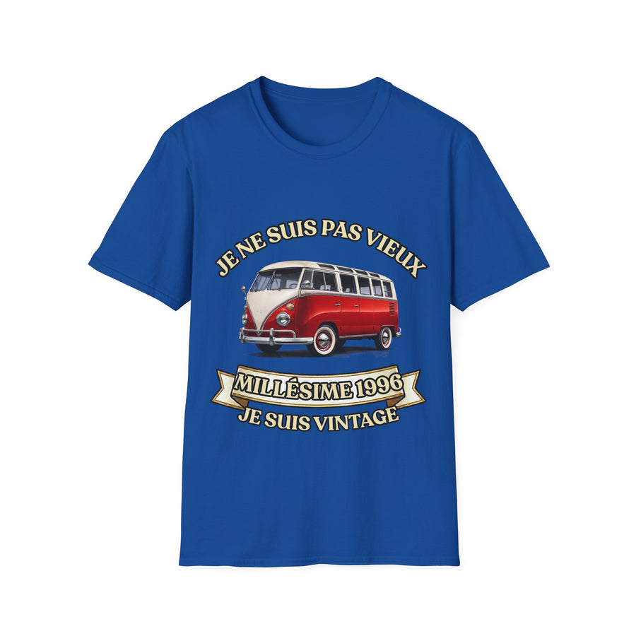T-shirt Millésime 1996 « Je ne suis pas vieux, je suis vintage » – Cadeau anniversaire 30 ans homme – Combi rouge et blanc, voiture ancienne rétro