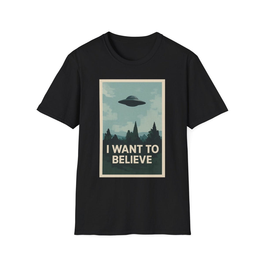 True Insights T-Shirt I Want To Believe UFO Vintage Motiv in Schwarz mit Ufo und Sternenhimmel-Design