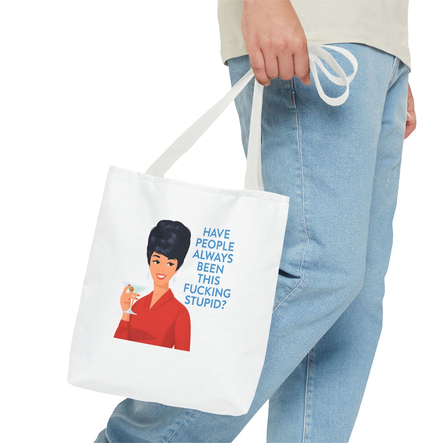 Lustige Tote Bag Retro Frau mit Martini - 'Have People Always Been This Stupid?' - Sarkasmus Spruch Vintage Stoffbeutel Geschenk