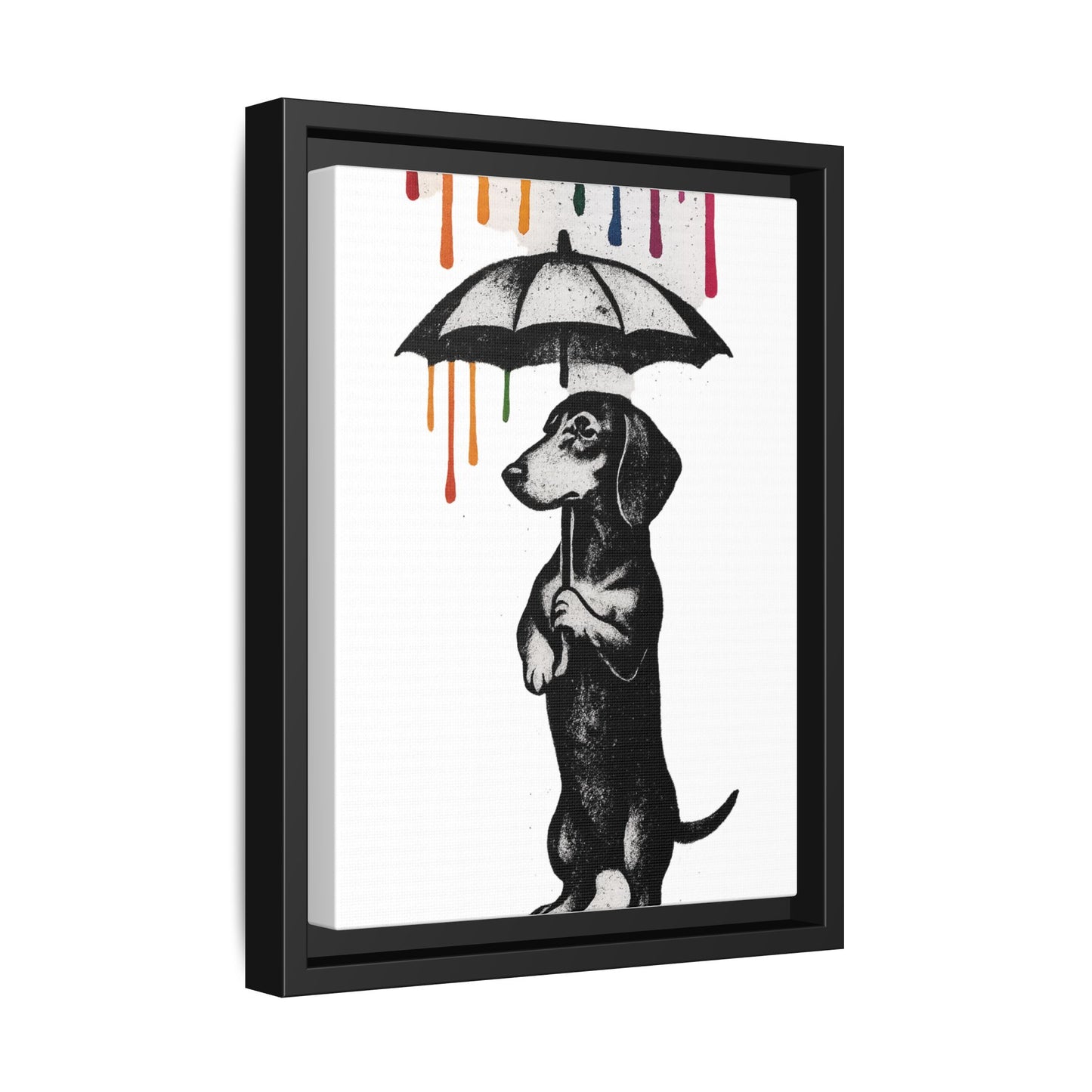 Dackel im Farbenregen – Street-Art Canvas mit Regenschirm & Farbtropfen