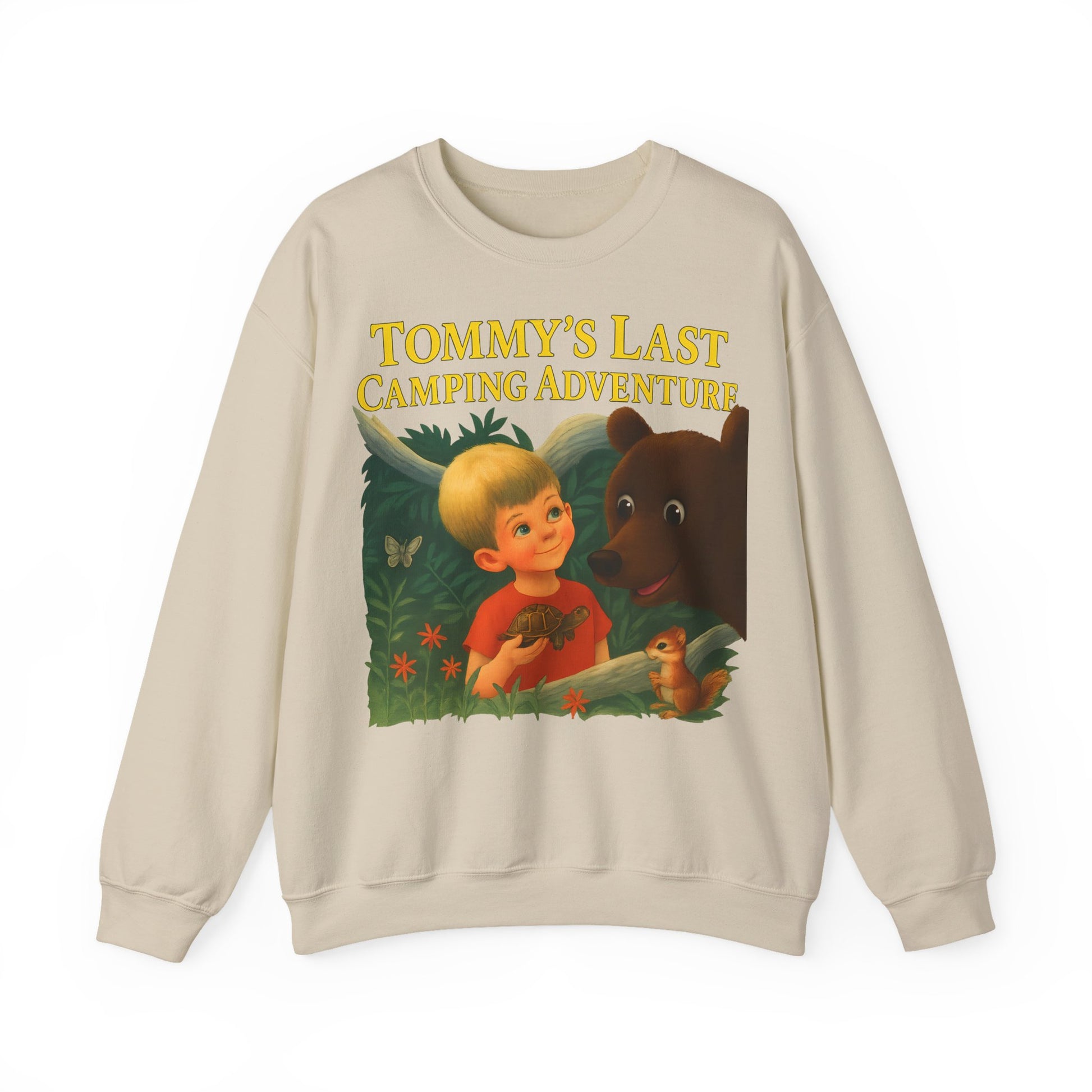 Sweatshirt – Tommy’s Last Camping Adventure Sweatshirt – Schwarzer Humor trifft Retro-Kinderbuchstil | True Insights Design mit Humor