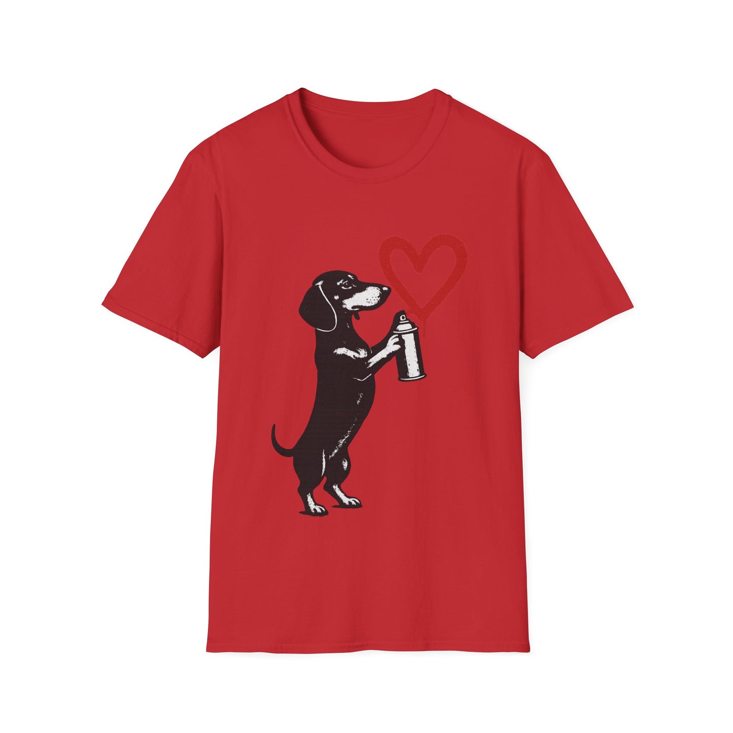Dackel mit Sprühdose Herz T-Shirt Unisex – Street Art Graffiti Hund Motiv, perfektes Geschenk für Dackelliebhaber & Valentinstag