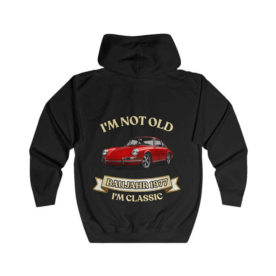 Geschenk zum 50. Geburtstag – Sweatjacke Jahrgang 1977 mit Porsche-Motiv – Jet Black – Rückenansicht