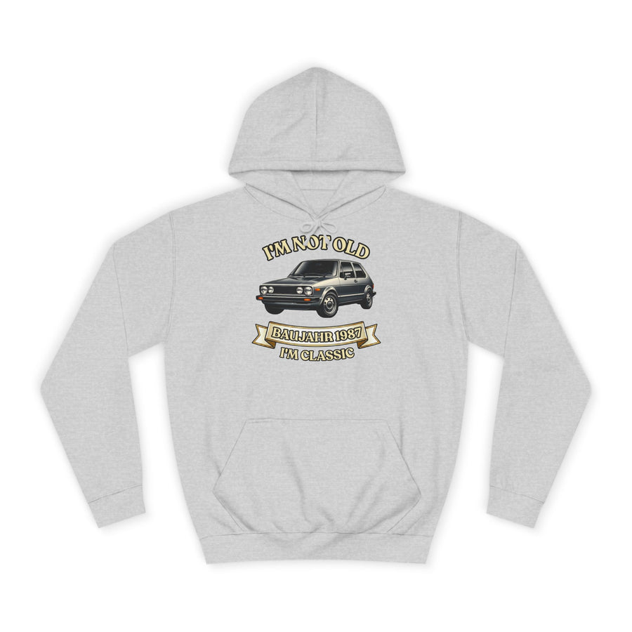 Geschenk zum 40. Geburtstag – Hoodie Jahrgang 1987 VW Golf – Heather Grey – Vorderseite