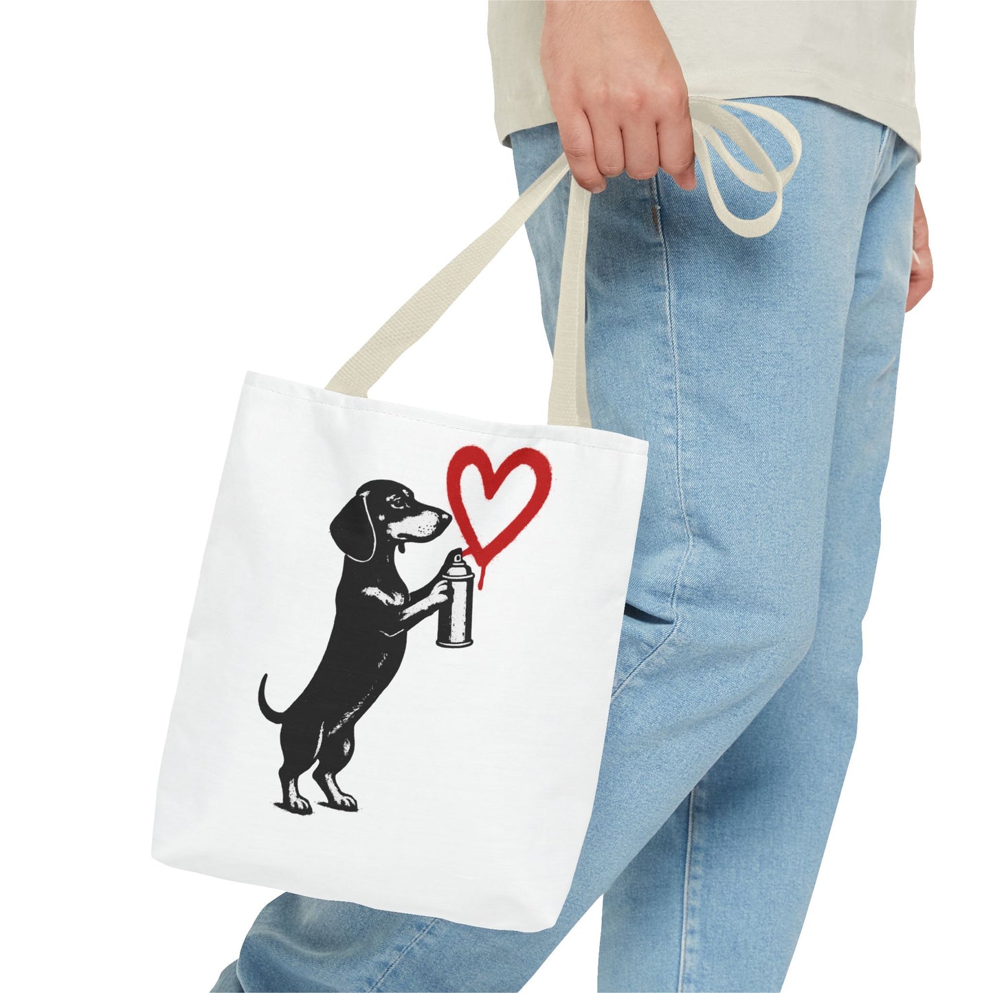 Banksy inspirierter Dackel Tote Bag Polyester – Street-Art Herz Sprühdose Beutel für Sport, Uni & Einkauf