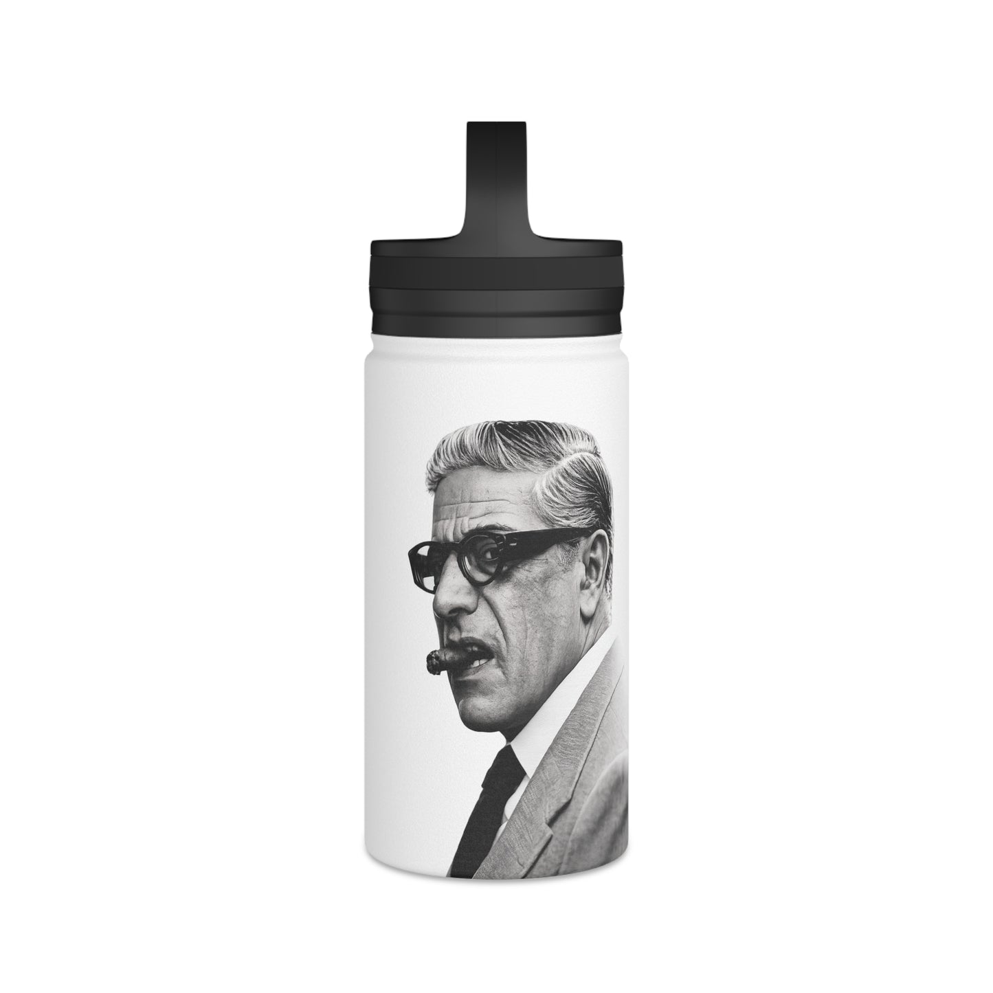 Aristoteles Onassis Portrait Edelstahl-Trinkflasche – Isolierte Wasserflasche mit Griff-Deckel, Vintage Schwarz-Weiß Ikone Geschenk