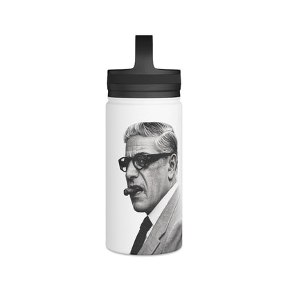 Aristoteles Onassis Portrait Edelstahl-Trinkflasche – Isolierte Wasserflasche mit Griff-Deckel, Vintage Schwarz-Weiß Ikone Geschenk