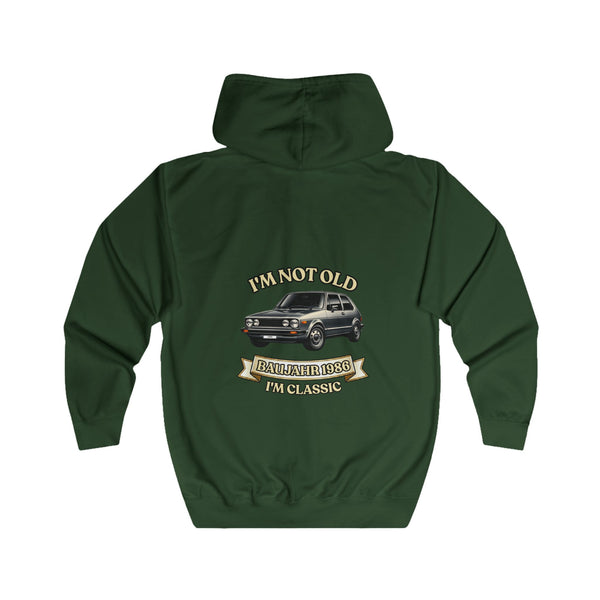 Geschenk zum 40. Geburtstag – Sweatjacke Jahrgang 1986 VW Golf – Bottle Green – Rückenansicht