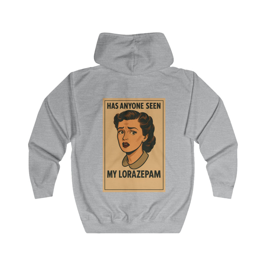 True Insights Has Anyone Seen My Lorazepam Zip-Hoodie – Retro-Pop-Art mit schwarzem Humor