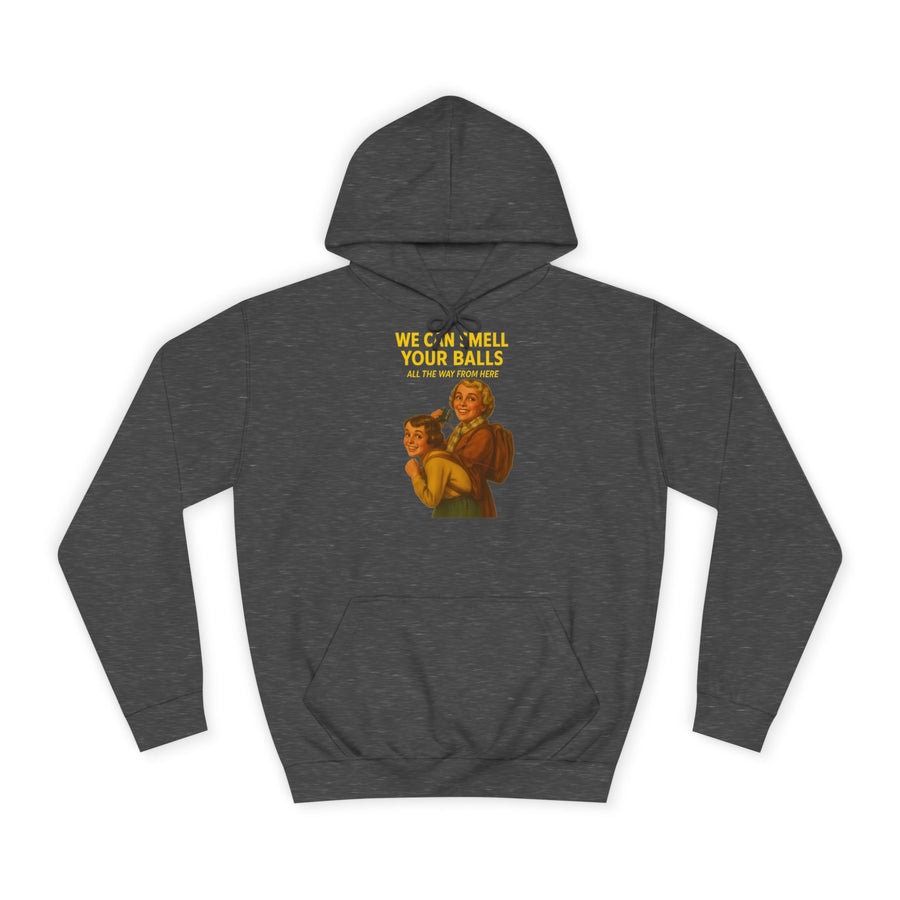 Retro Hoodie „We Can Smell Your Balls“ – Retro-Motiv mit schwarzem Humor – Charcoal – Vorderseite