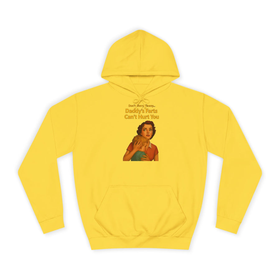 True Insights Daddy's Farts Can't Hurt You Hoodie – Satirisches Retro-Motiv mit schwarzem Humor in Sun Yellow