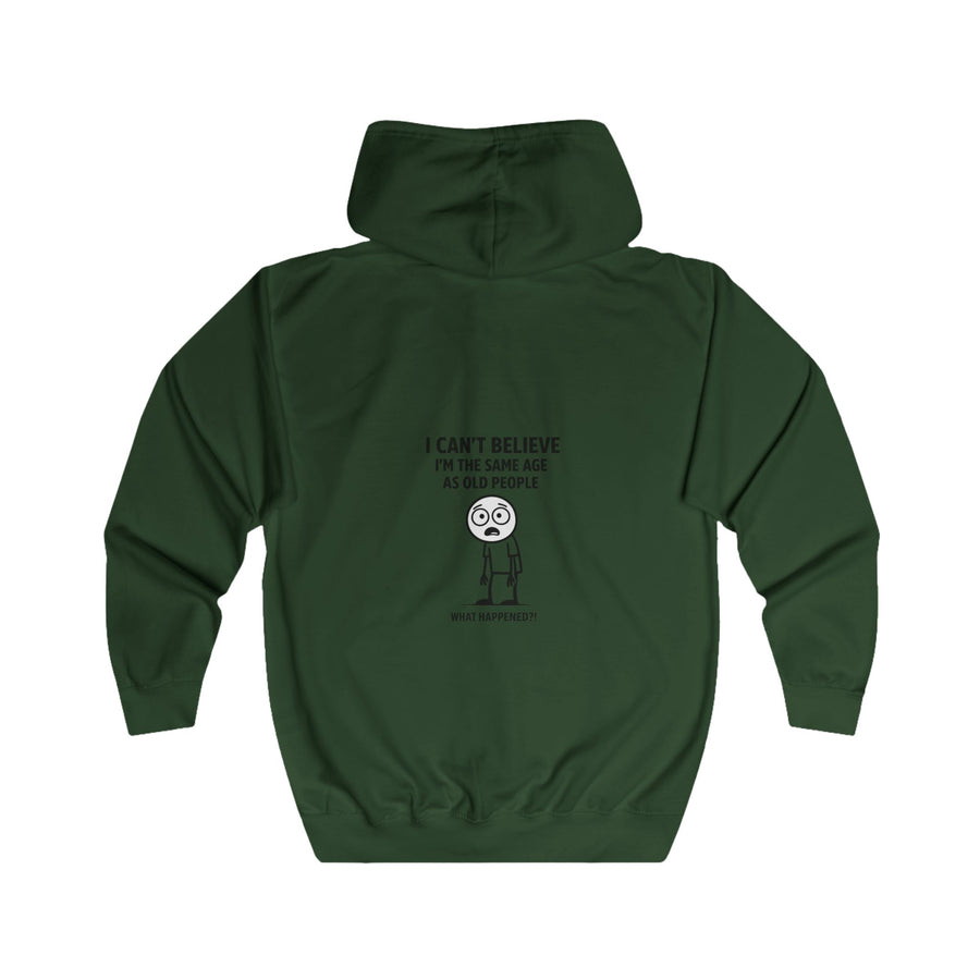 Lustige Sweatjacke „I Can't Believe I'm the Same Age as Old People“ – Zip-Hoodie mit Rückendruck – Bottle Green – Rückenansicht