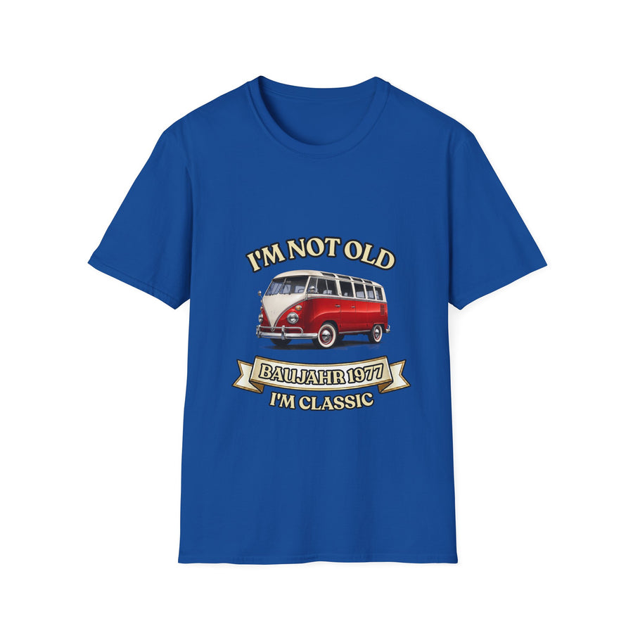 Geschenk zum 50. Geburtstag – T-Shirt Jahrgang 1977 VW Bulli – Royal – Vorderseite