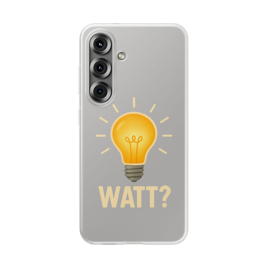 WATT? Handyhülle für Samsung Galaxy S25 – transparente Schutzhülle mit leuchtendem Glühbirnen-Motiv, Geschenk für Elektriker und Technikfans