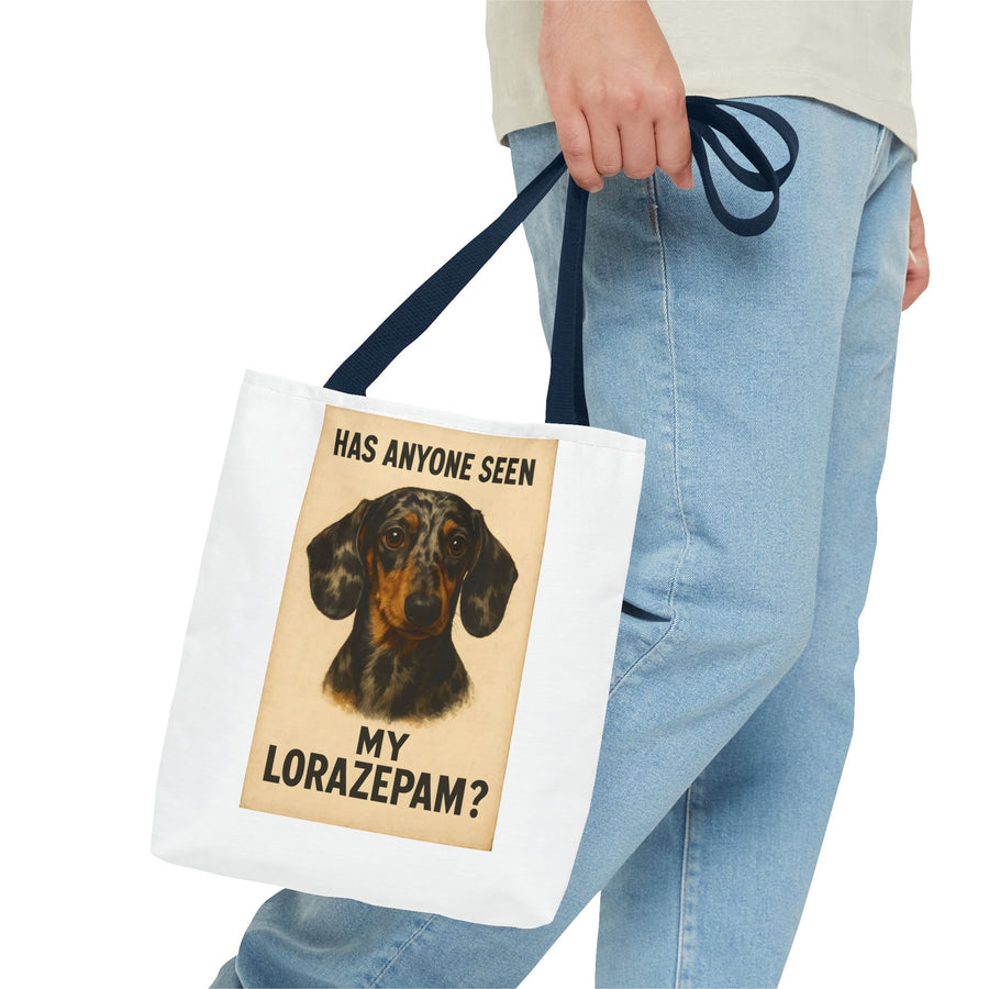 Lustige Dackel Tote Bag "Has Anyone Seen My Lorazepam?" – Vintage Hunde Stoffbeutel für Hundeliebhaber & Dackelfans