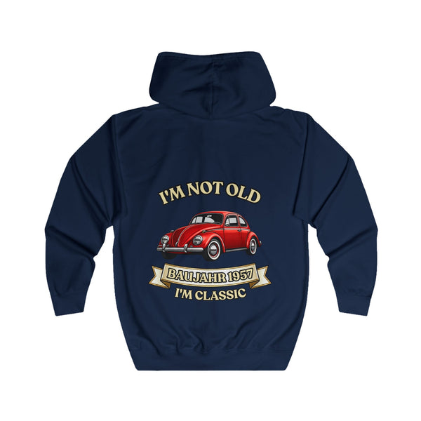 Geschenk zum 70. Geburtstag – Sweatjacke Jahrgang 1957 VW Käfer – Oxford Navy – Rückenansicht