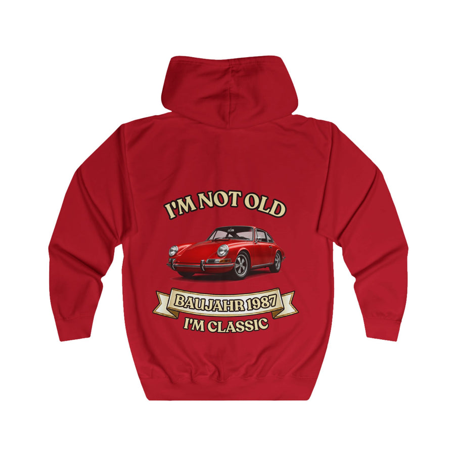 Geschenk zum 40. Geburtstag – Sweatjacke Jahrgang 1987 mit Porsche-Motiv – Fire Red – Rückenansicht