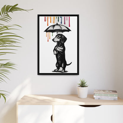 Dackel im Farbenregen – Street-Art Canvas mit Regenschirm & Farbtropfen