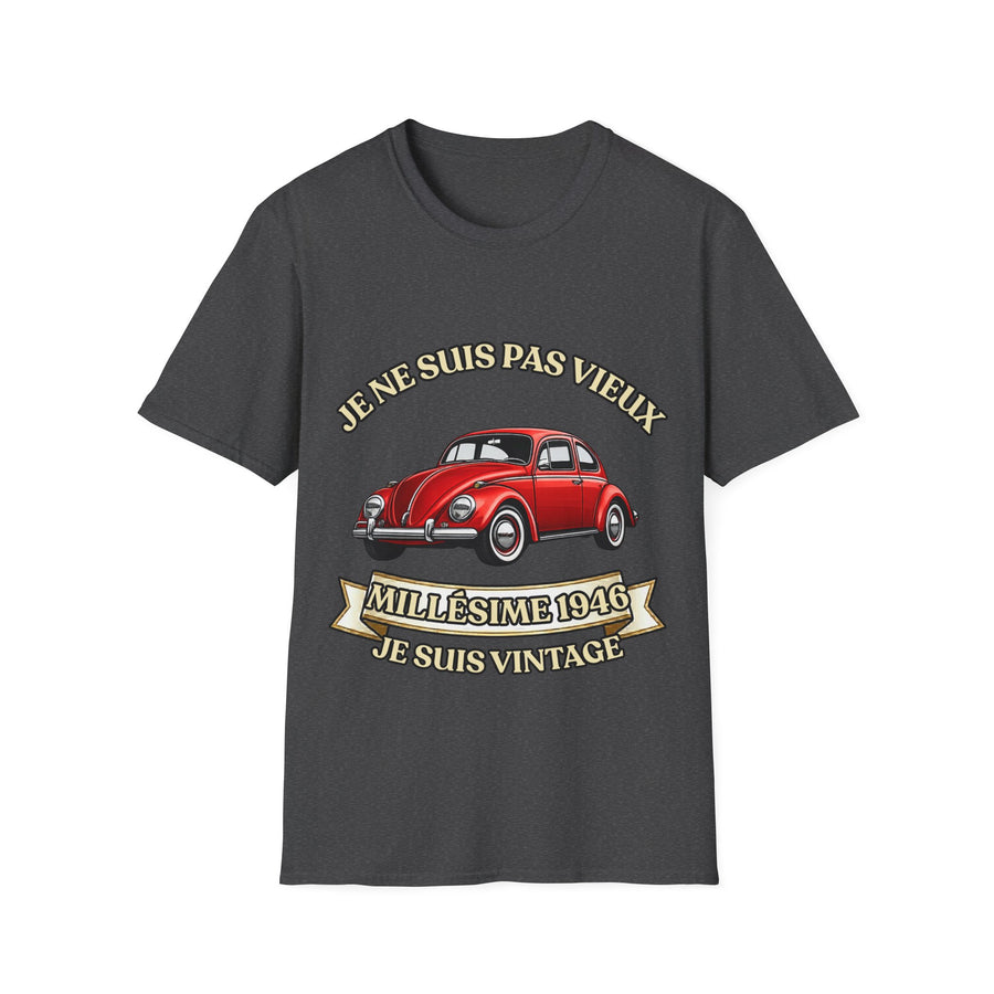 T-shirt Millésime 1946 « Je ne suis pas vieux, je suis vintage » – Cadeau anniversaire 80 ans homme – Coccinelle rouge, voiture ancienne rétro