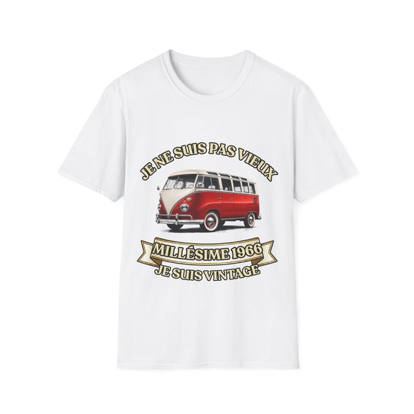 T-shirt Millésime 1966 « Je ne suis pas vieux, je suis vintage » – Cadeau anniversaire 60 ans homme – Combi rouge et blanc, voiture ancienne rétro