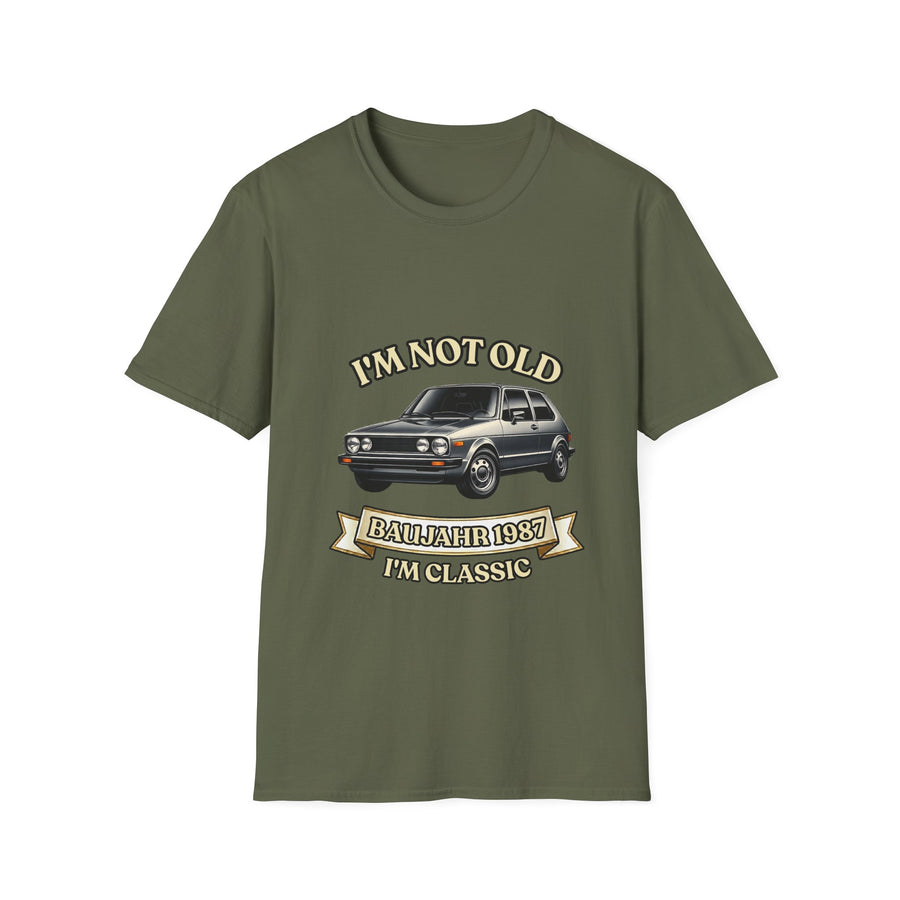 Geschenk zum 40. Geburtstag – T-Shirt Jahrgang 1987 VW Golf – Military Green – Vorderseite