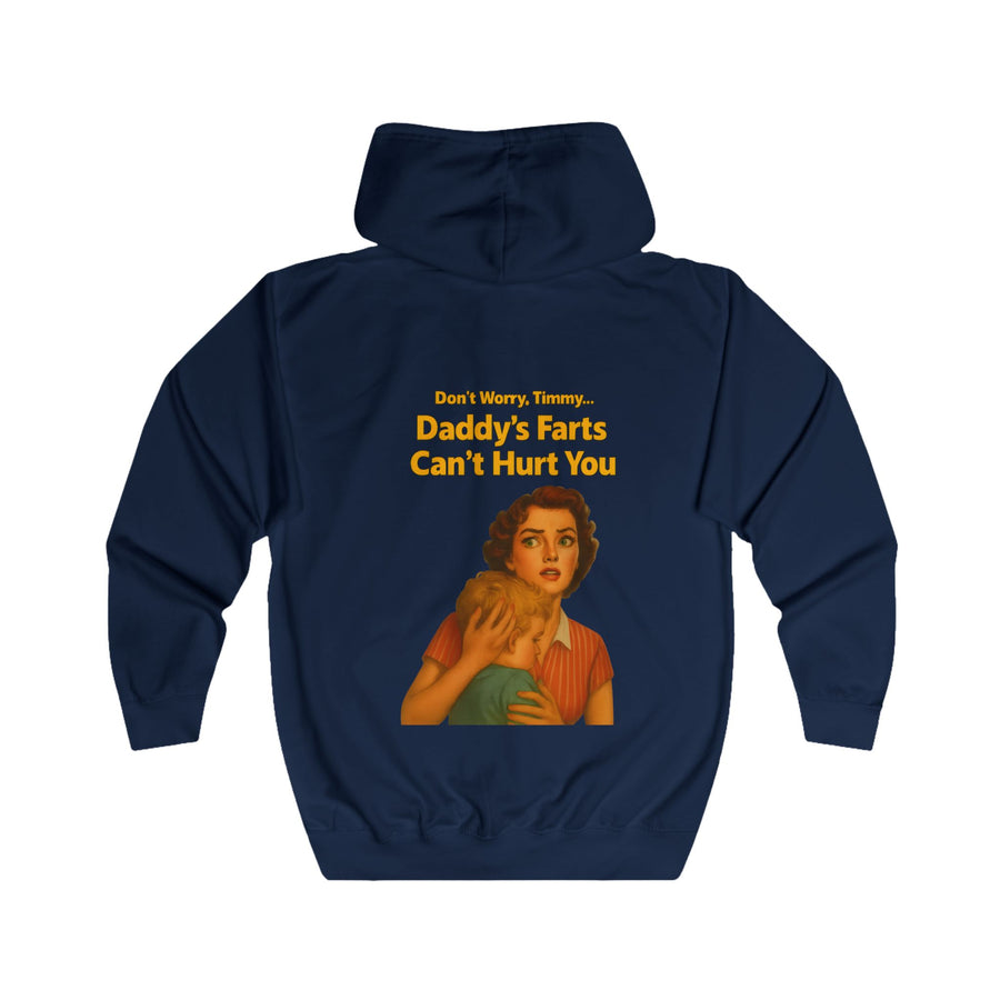 Papa Sweatjacke „Daddy's Farts Can't Hurt You“ – Zip-Hoodie mit Rückendruck – Oxford Navy – Rückenansicht