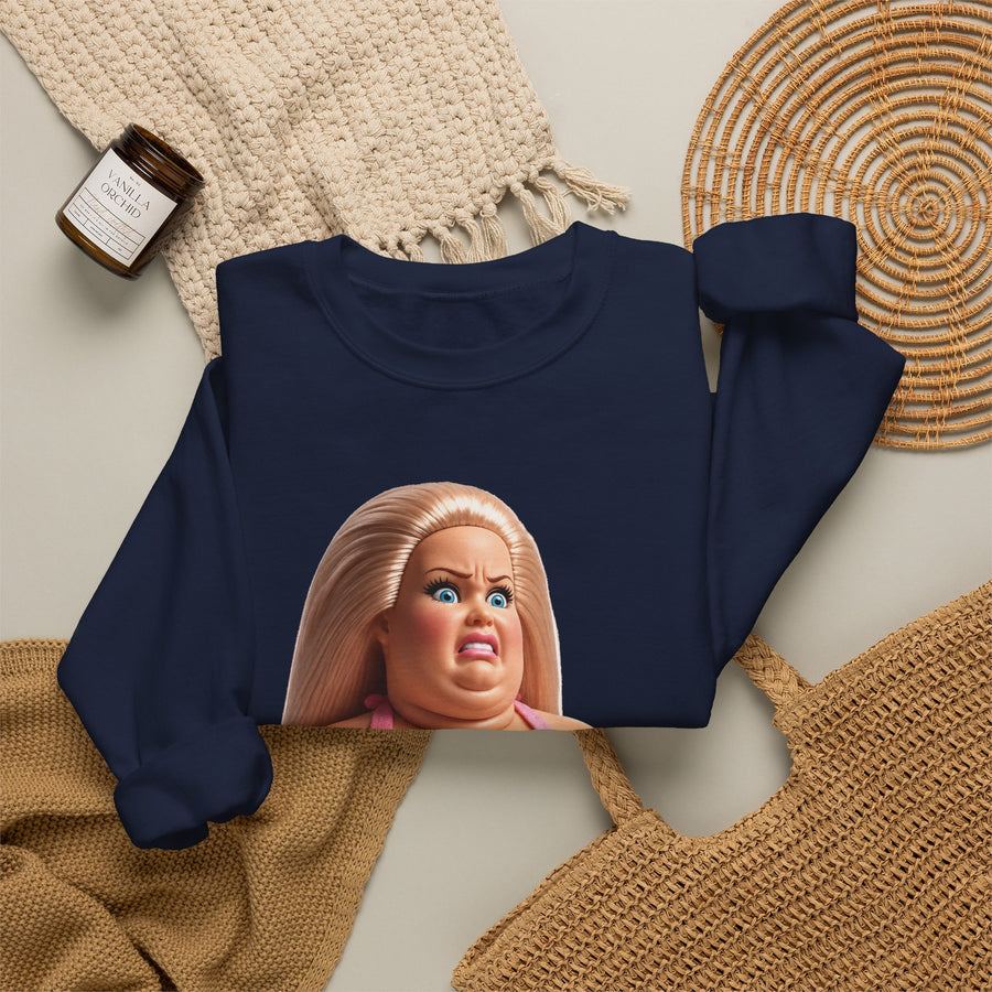 True Insights Genervte Blondine Sweatshirt – Lustiges Statement-Motiv mit Bikini-Puppe