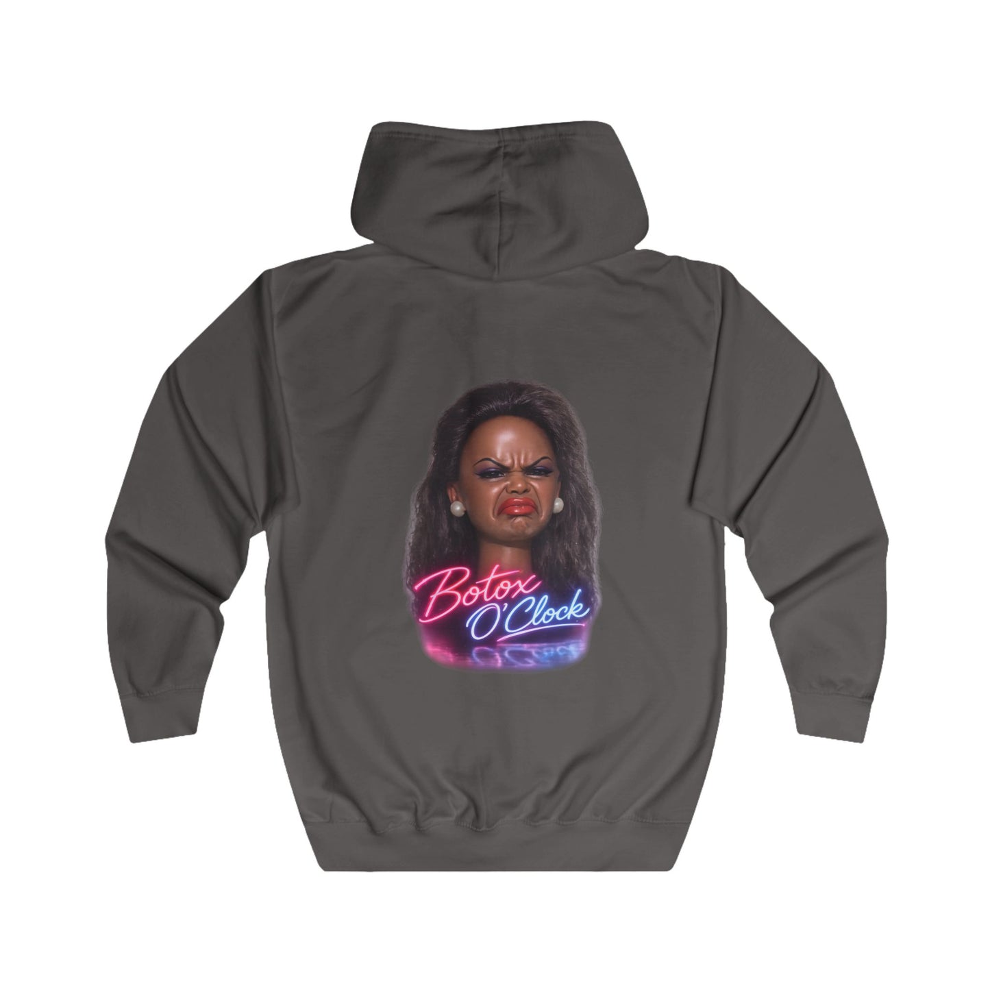 Botox O'Clock Zip Hoodie – Lustiges Neon Karikatur Motiv für Beauty-Fans, Grumpy Face Kapuzenjacke