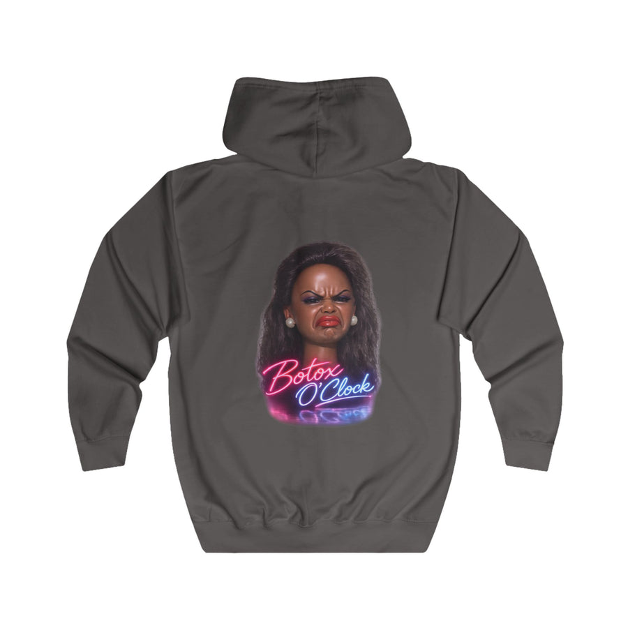 Botox O'Clock Zip Hoodie – Lustiges Neon Karikatur Motiv für Beauty-Fans, Grumpy Face Kapuzenjacke