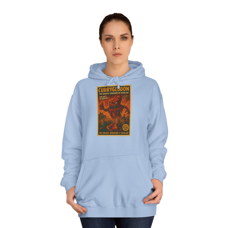 CurryGeddon Hoodie – Affiche rétro-horreur avec monstre currywurst