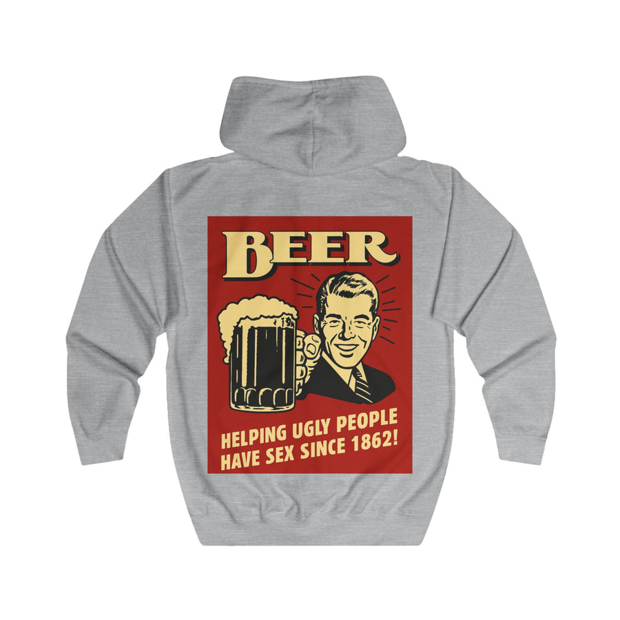 Zip Hoodie Bière – Helping Ugly People Have Sex Since 1862 – Sweat drôle rétro vintage