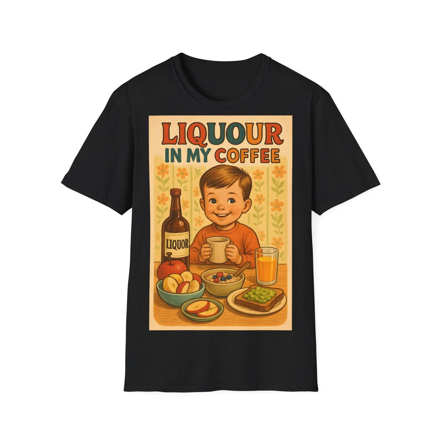 True Insights Unisex Softstyle T-Shirt Liquor in my Coffee in Schwarz mit Retro Schriftzug und Vintage Humor