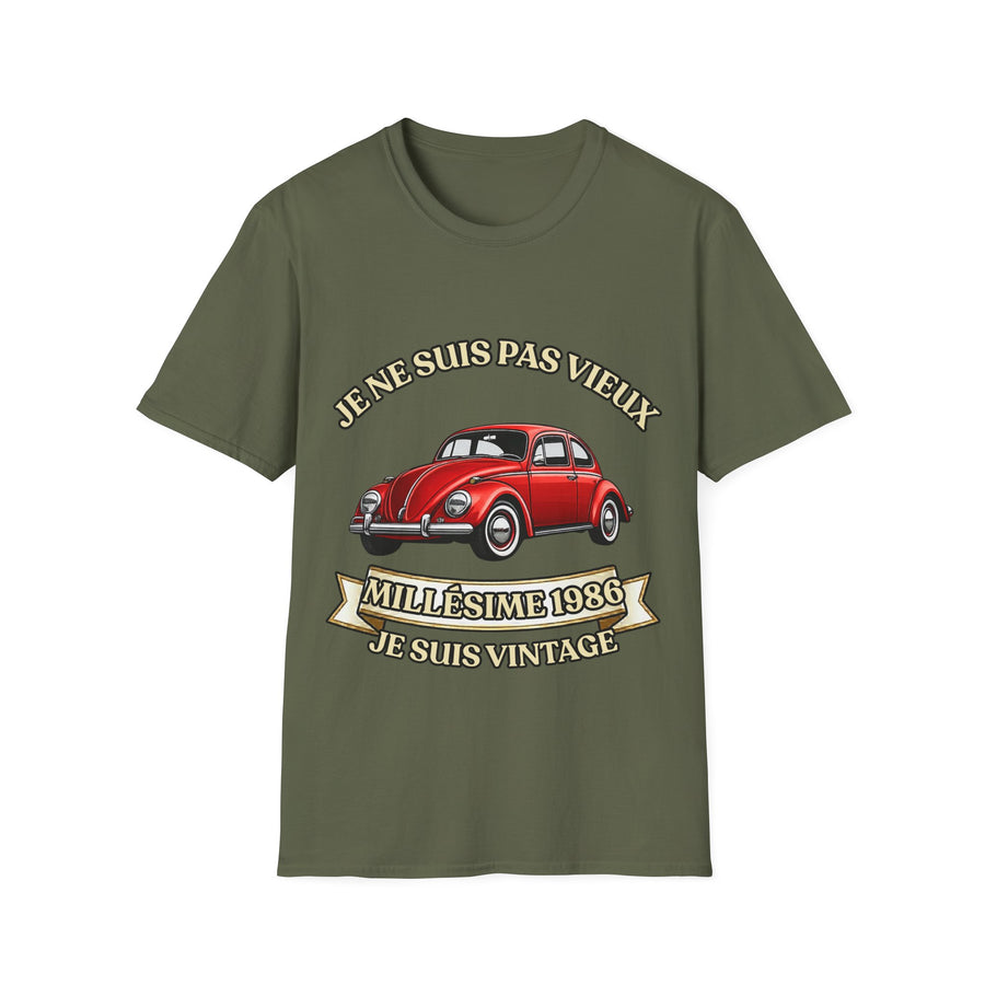 T-shirt Millésime 1986 « Je ne suis pas vieux, je suis vintage » – Cadeau anniversaire 40 ans homme – Coccinelle rouge, voiture ancienne rétro
