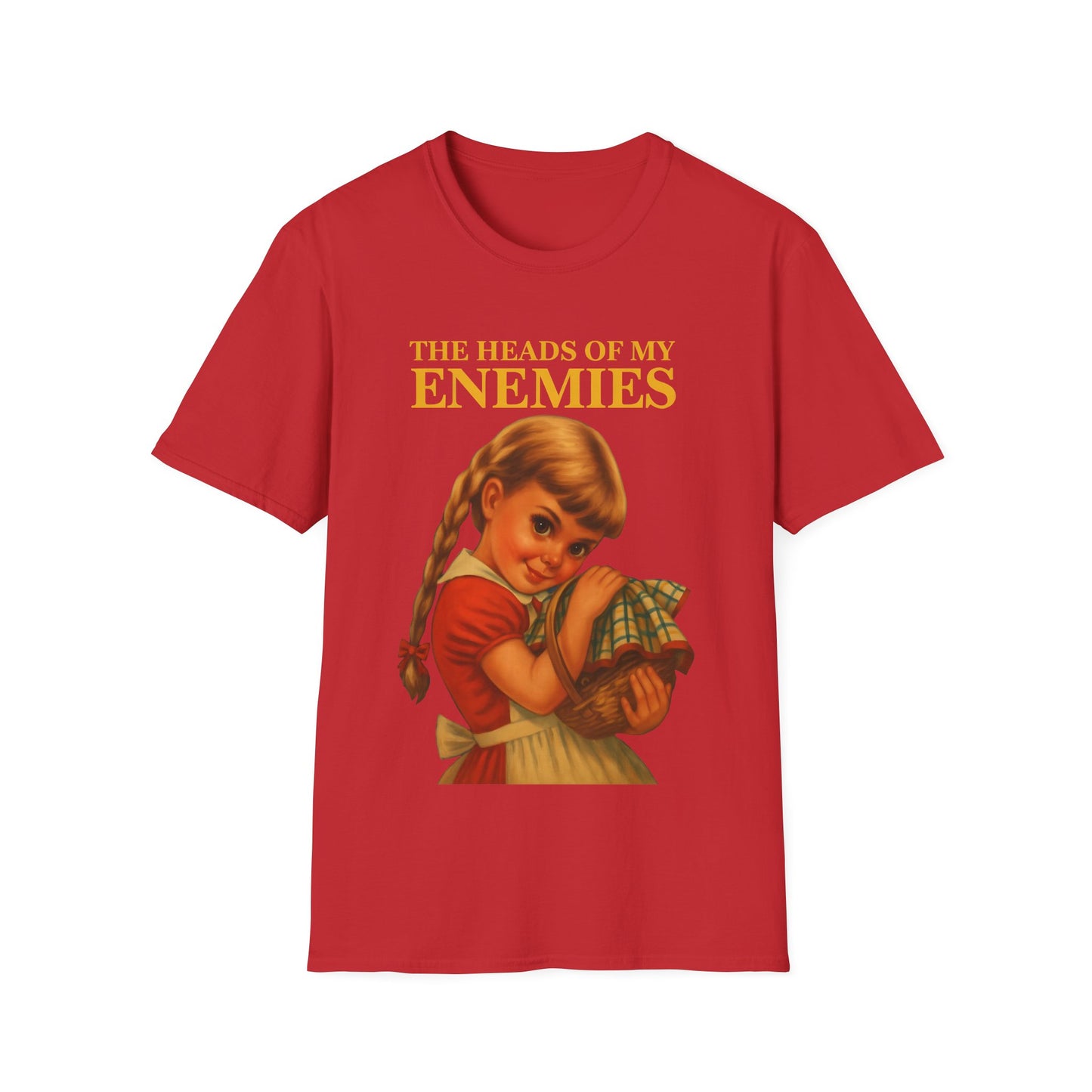 T-shirt “The Heads of My Enemies” – retro satire with children’s book flair