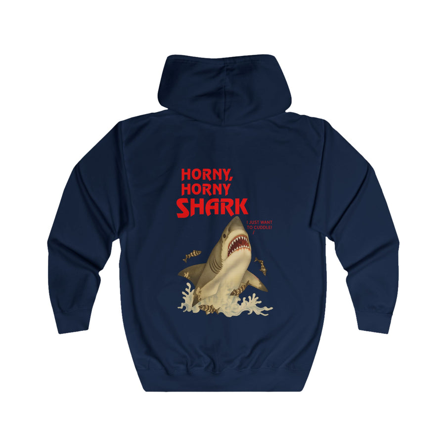 Hai Sweatjacke „Horny, Horny Shark“ – Zip-Hoodie mit Rückendruck – Oxford Navy – Rückenansicht