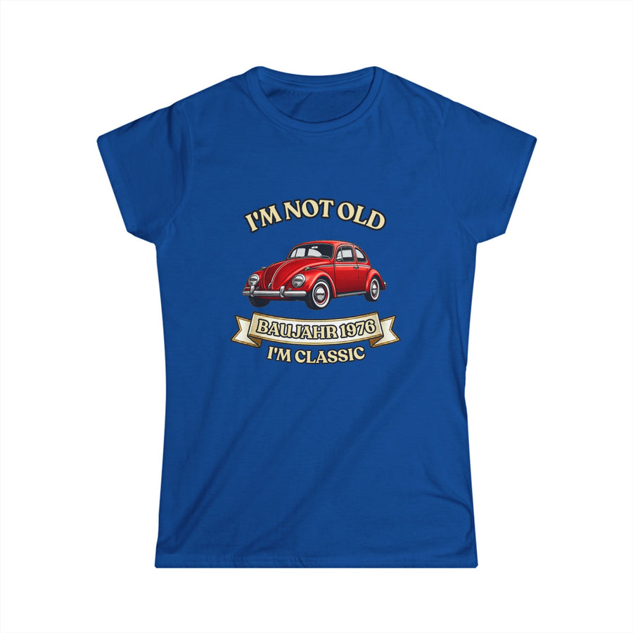 True Insights Damen Shirt Baujahr 1976 Vintage Auto Motiv in Royalblau, satirisches Geschenk zum 50. Geburtstag