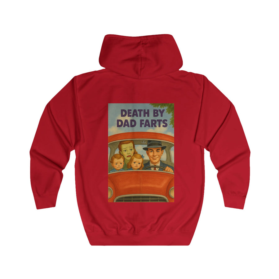 Papa Sweatjacke „Death by Dad Farts“ – Zip-Hoodie mit Rückendruck – Fire Red – Rückenansicht