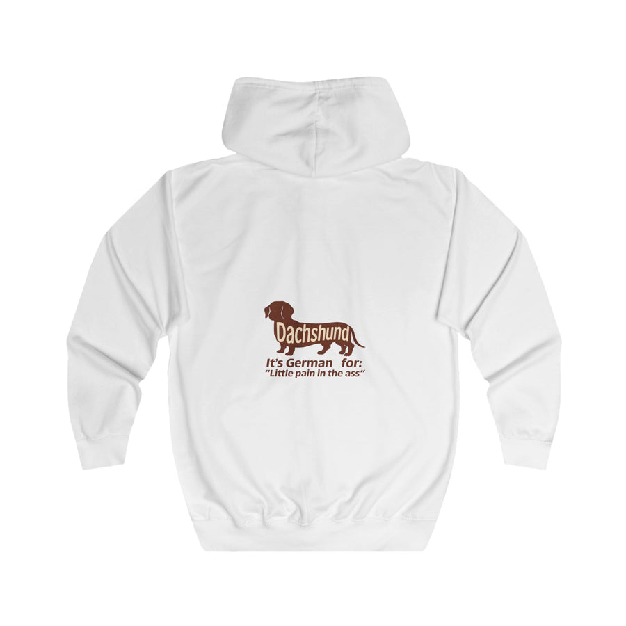 Dackel Sweatjacke „Dachshund – Little Pain in the Ass“ – Zip-Hoodie mit Rückendruck – Arctic White – Rückenansicht