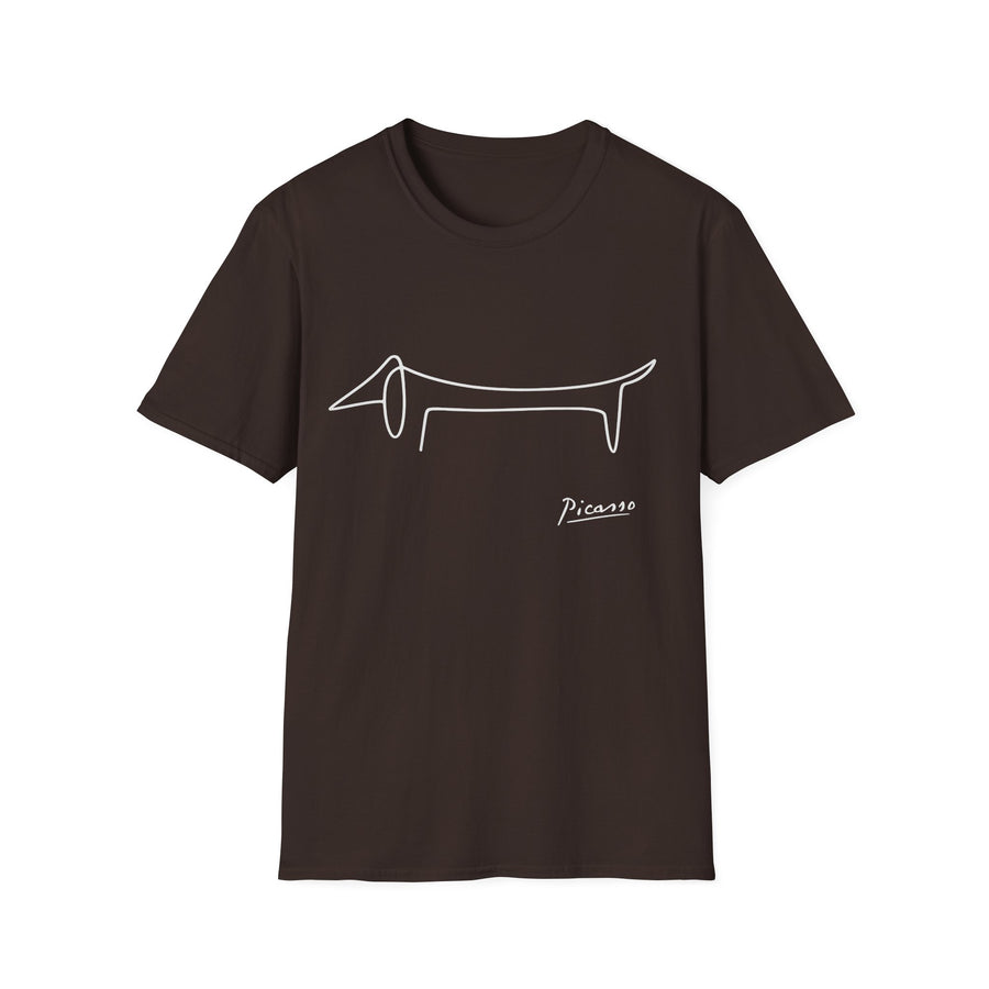 Braunes T-Shirt mit einliniger Picasso-Dackel-Zeichnung – Schocktober-Sale –40 %