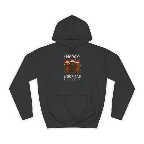 Dackel Weihnachts-Hoodie „Merry Woofmas“ – lustiger Weihnachtspulli – Jet Black – Vorderseite