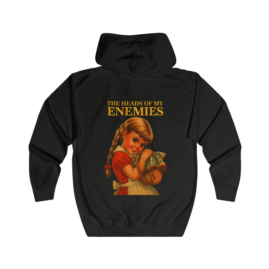 The Heads of My Enemies Zip-Hoodie – Retrosatire in kinderboekstijl