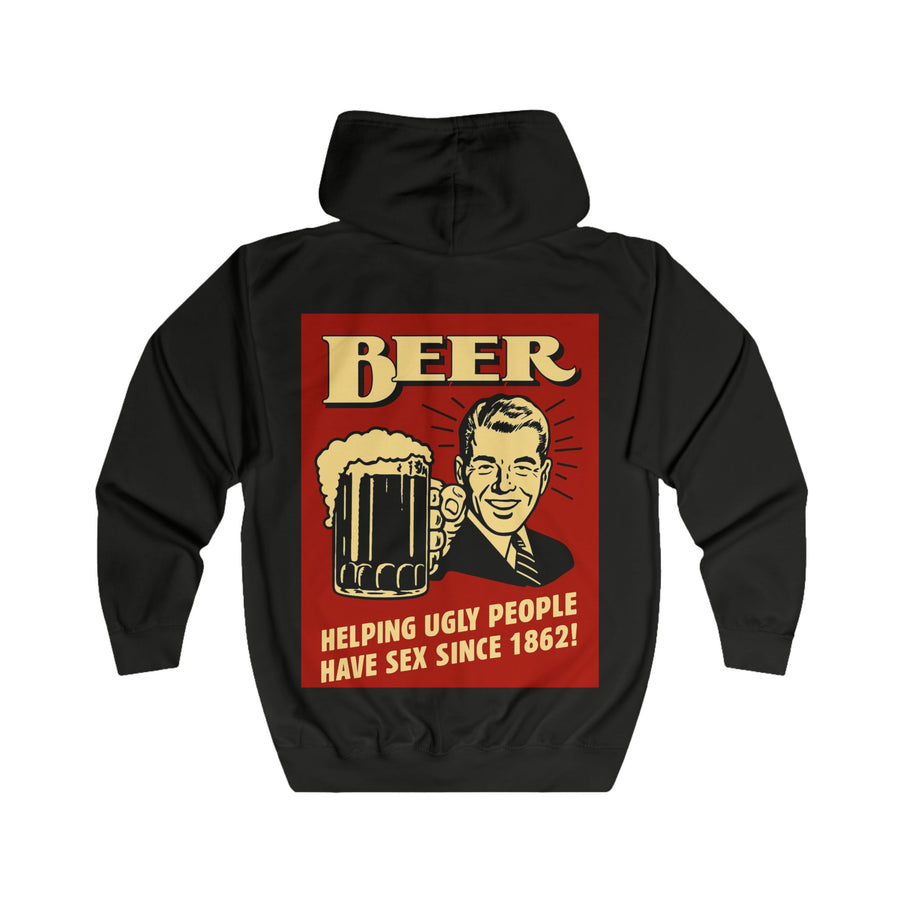 Zip Hoodie Bière – Helping Ugly People Have Sex Since 1862 – Sweat drôle rétro vintage