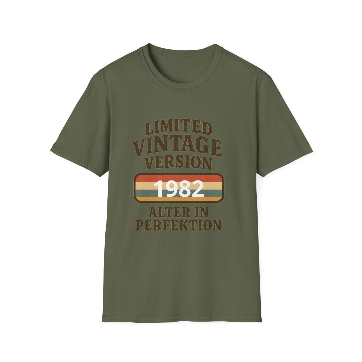 Olivgruenes T-Shirt mit Schriftzug Limited-Vintage-Version 1982 Alter-in-Perfektion im 80er-Retro-Stil fuer Geburtstagsgeschenke.