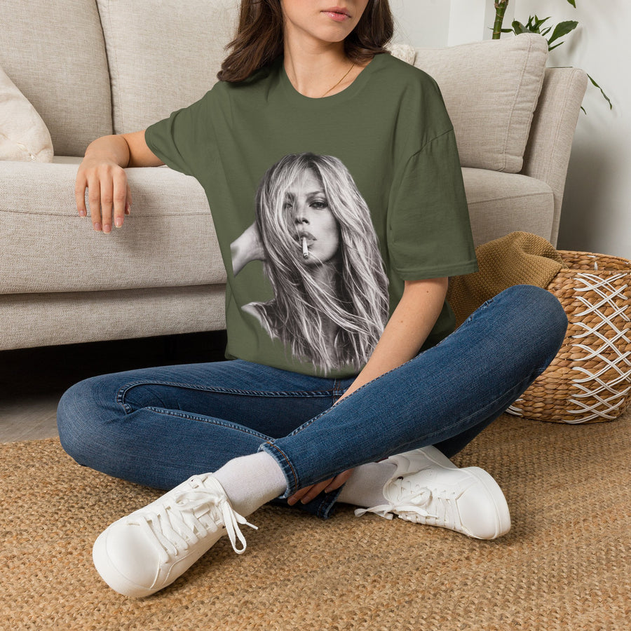 True Insights T-Shirt Kate Moss Porträt in Military Green, kultiges Schwarz-Weiß Print Fashion Shirt Unisex