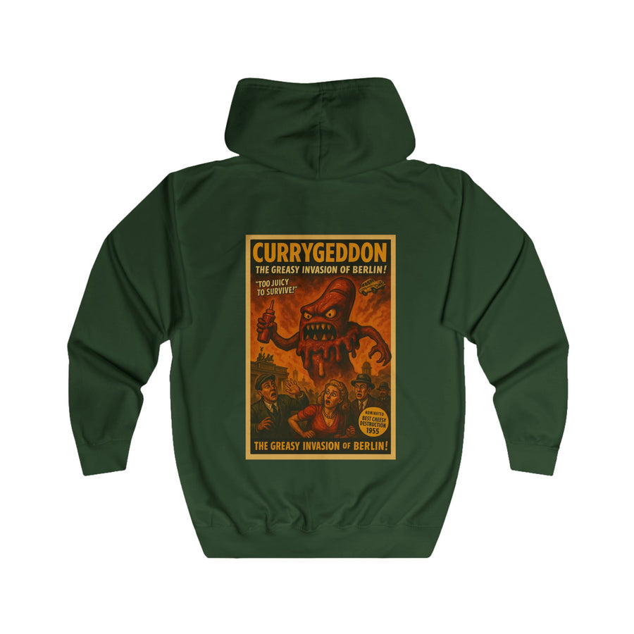 CurryGeddon Zip-Hoodie – Affiche de film d'horreur rétro avec monstre currywurst